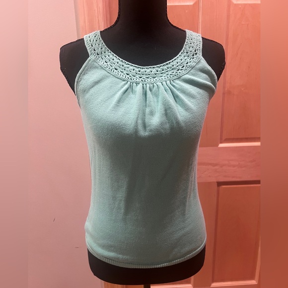 LOFT Tops - LOFT Crochet Trim Soft Stretch Knit Sleeveless Top Pastel Mint Green Cottage S